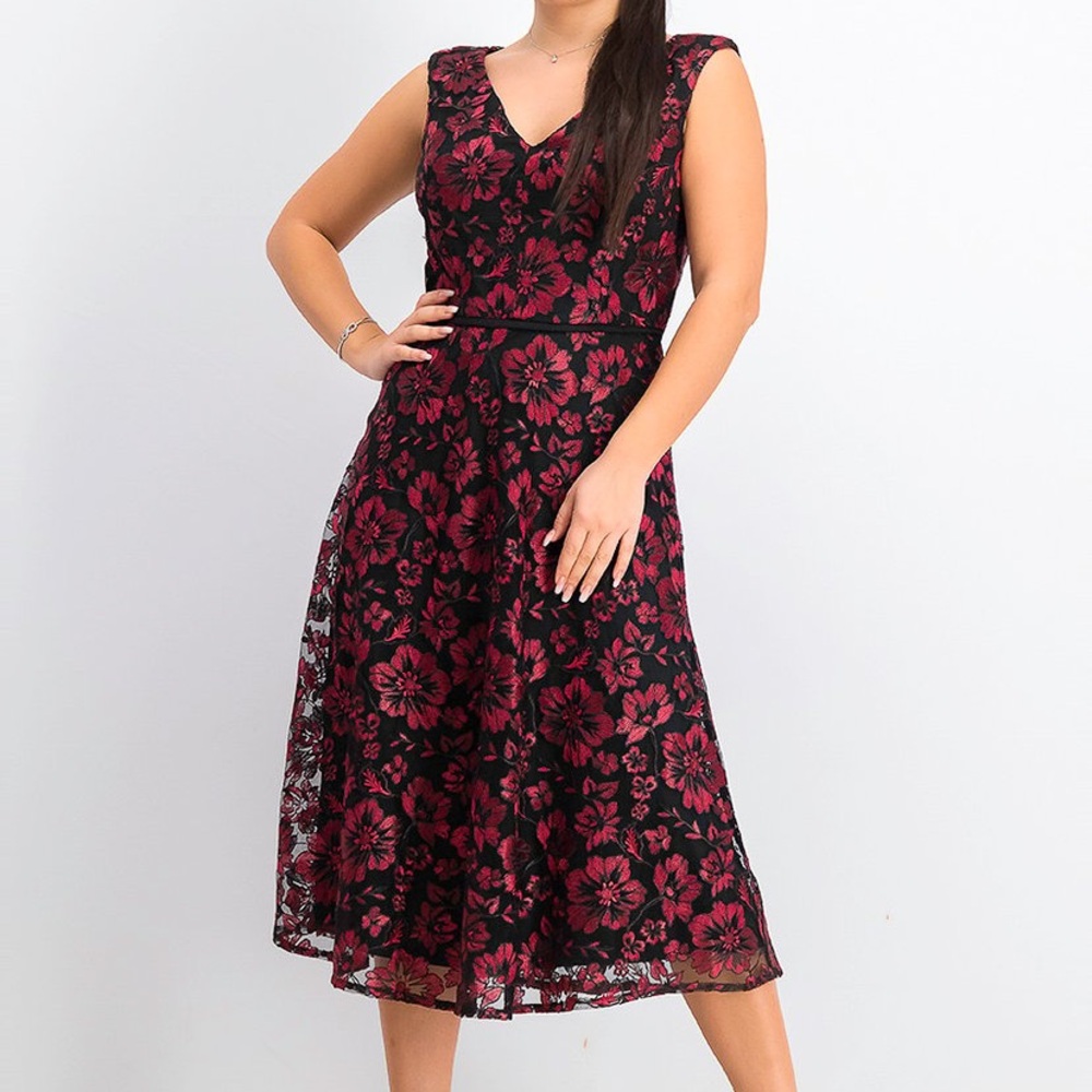 Taylor Embroidered Floral Lace Midi Dress Red Black Size 4 NWT
